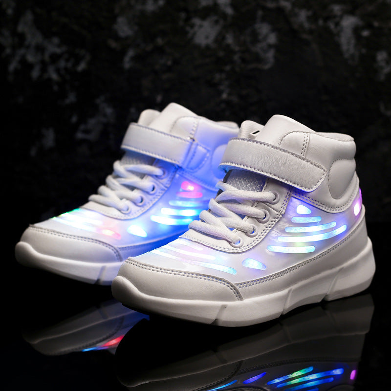 Flying Woven High Top Fluorescent Luminous LED Velcro Casual Shoes