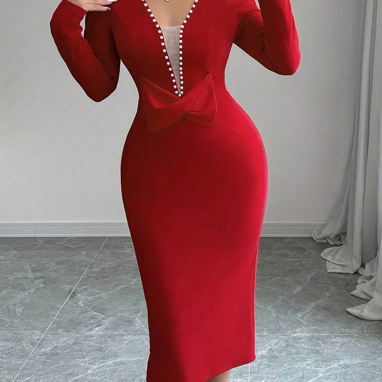 "Robe Bodycon Élégante à Col en V pour Femmes avec Détail de Perles Rouges, Collection Printemps/Automne LA TendanceStore multi service