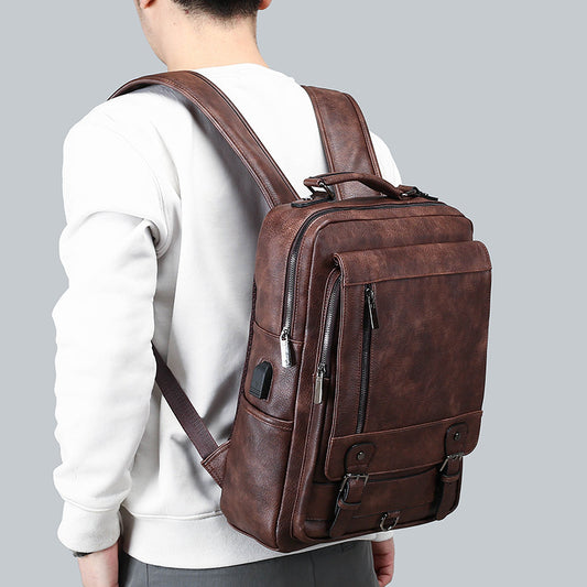 New Men's Leather Backpack Large Capacity USB Charging Backpack