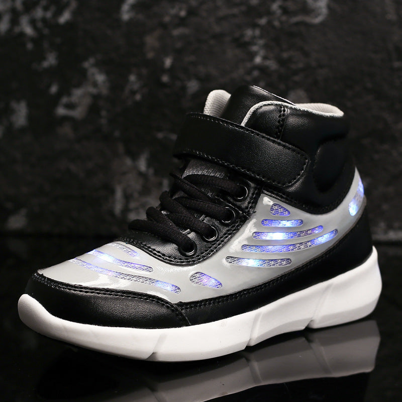 Flying Woven High Top Fluorescent Luminous LED Velcro Casual Shoes