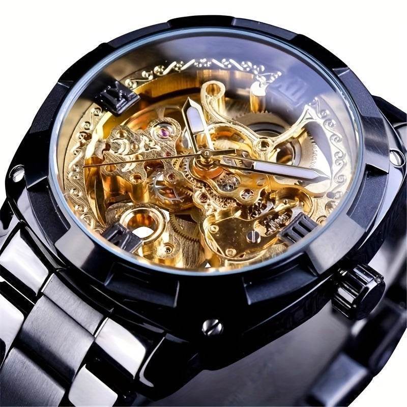 1pc Fashionable Men'S Skeleton Watch, Automatic Mechanical Movement, Water Resistant 30m, Round Alloy Case, Stainless Steel Band, Elegant Business Casual Style, High Aesthetic Value Golden Tone, 1091.102h - LA TendanceStore multi service