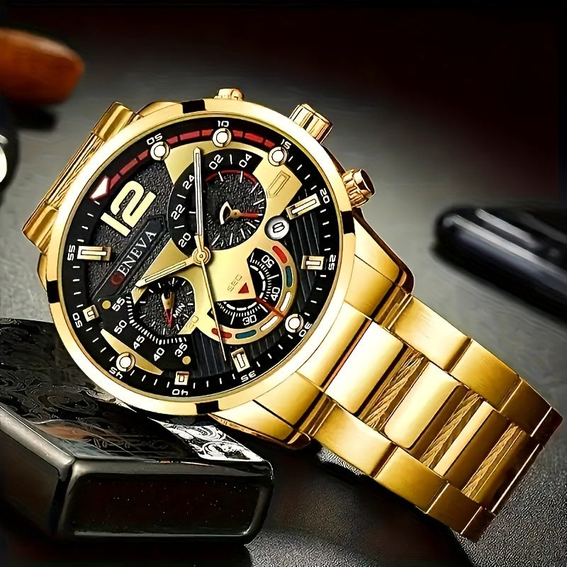 4 Pieces Luxury Men's Watch Set - Business Style, Round Alloy Case, Calendar Function, Analog Display, Quartz Movement, Electronic Drive, Matching Necklace, Bracelet and Ring