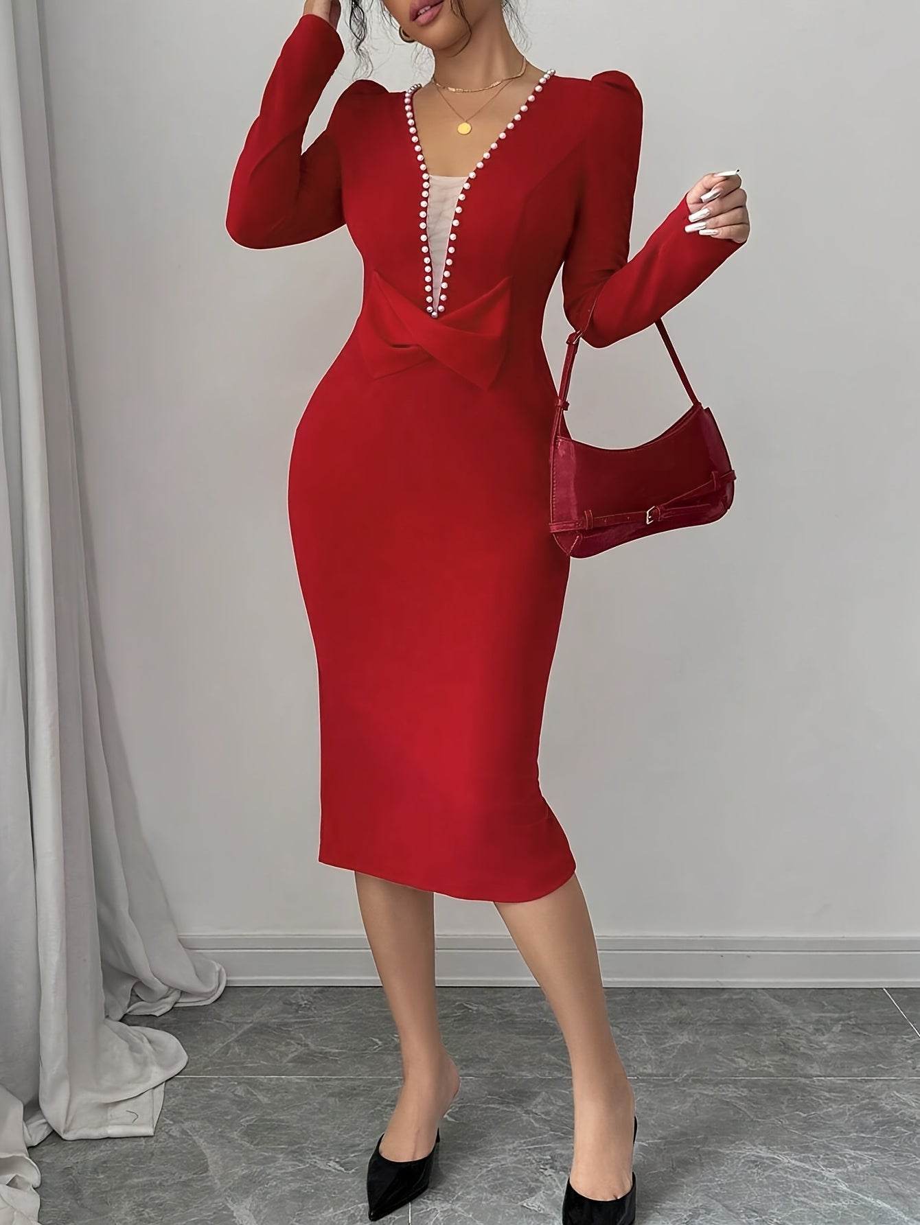 "Robe Bodycon Élégante à Col en V pour Femmes avec Détail de Perles Rouges, Collection Printemps/Automne LA TendanceStore multi service