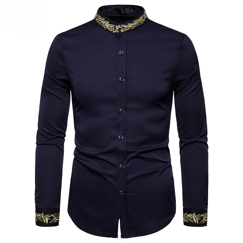 Chemise blanche pour hommes avec broderie dorée, col montant, chemise de ville décontractée, slim, manches longues, chemise homme