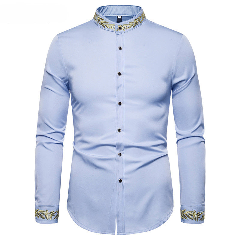 Chemise blanche pour hommes avec broderie dorée, col montant, chemise de ville décontractée, slim, manches longues, chemise homme