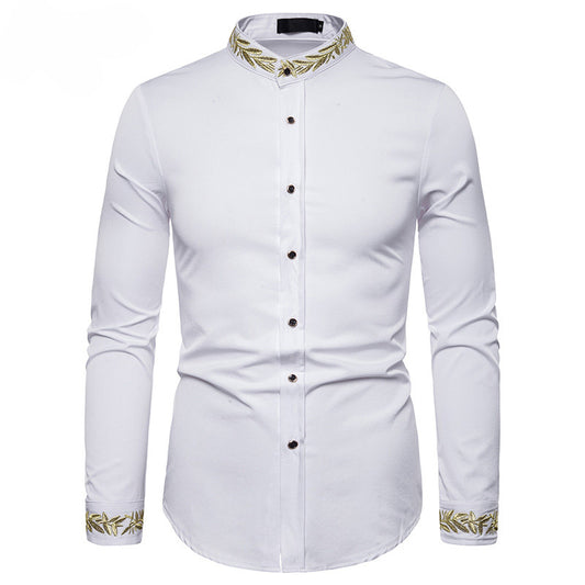 Chemise blanche pour hommes avec broderie dorée, col montant, chemise de ville décontractée, slim, manches longues, chemise homme