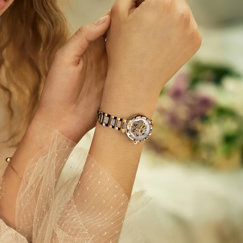 Montre mécanique de luxe pour femmes avec fleurs en strass, style rétro squelette, analogique en acier inoxydable