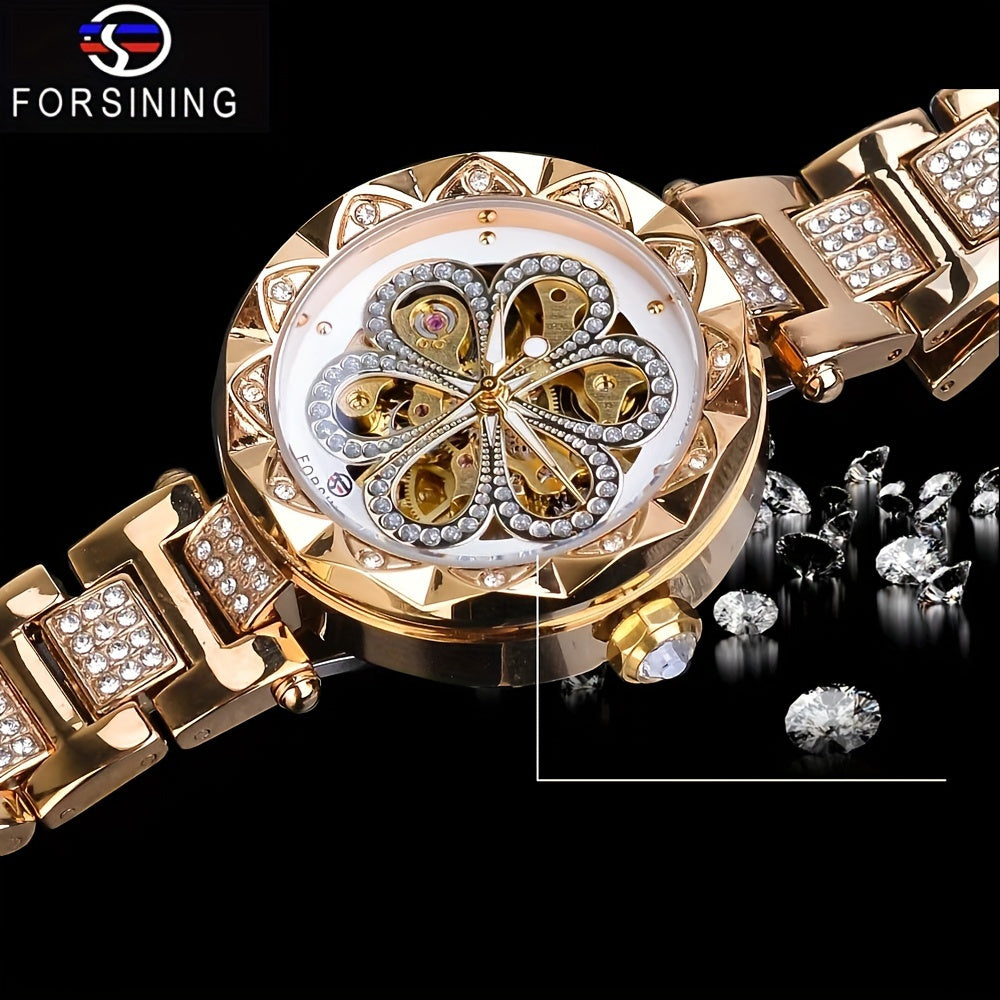 Montre mécanique de luxe pour femmes avec fleurs en strass, style rétro squelette, analogique en acier inoxydable