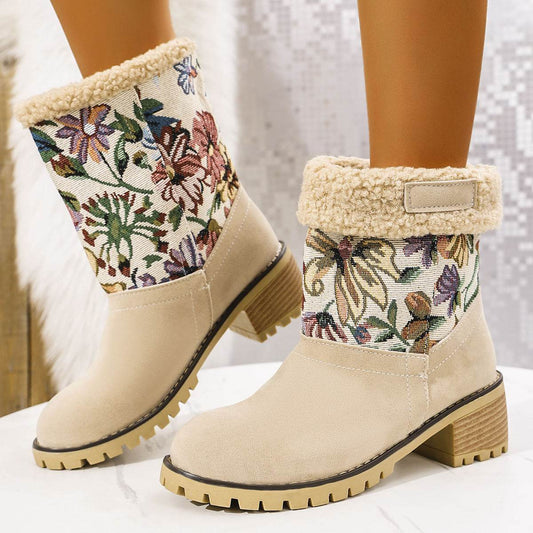 Bottes de neige pour femmes, brodées de fleurs, style ethnique, plateforme à talon carré épais, mi-tube, chaudes et rembourrées de coton - LA TendanceStore multi service