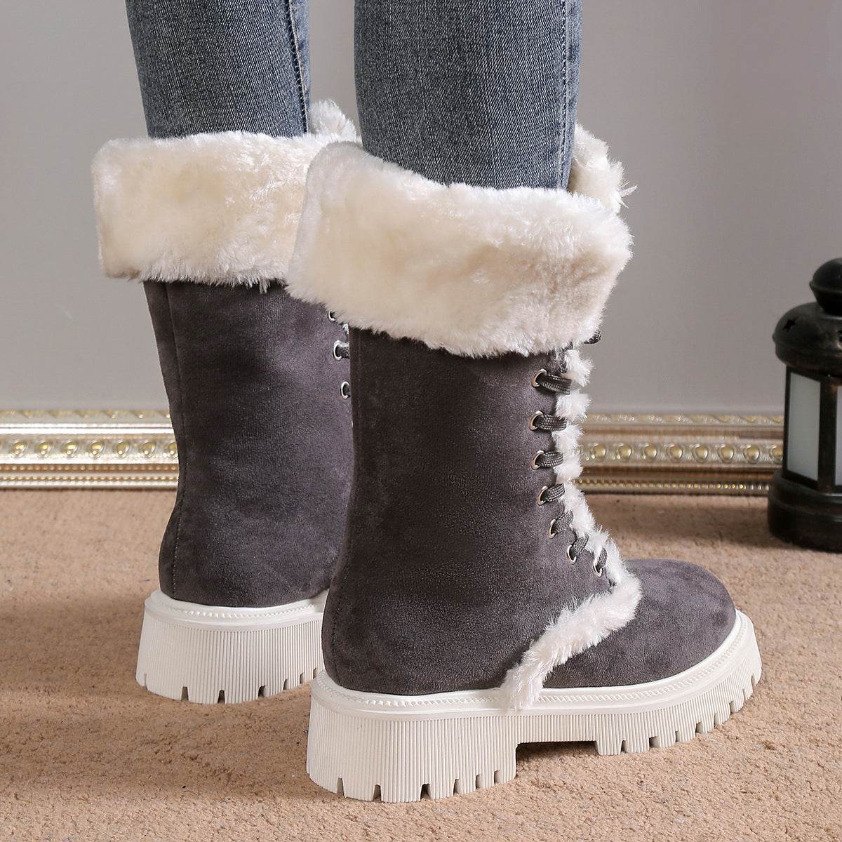 Bottes de neige lacées pour femmes, mi-tube, doublées de polaire, chaudes, à talons épais et en peluche - LA TendanceStore multi service