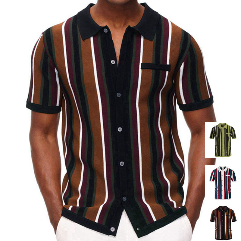 Polo Collar Stripes Casual Knitted T-shirt Short Sleeve