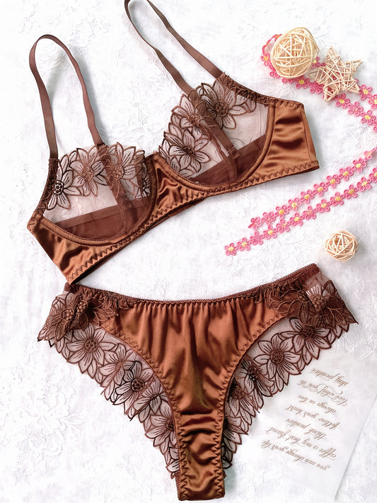 High-end Embroidered Sexy Elegant Underwear Set, See-through Adjustable Shoulder Strap Bra