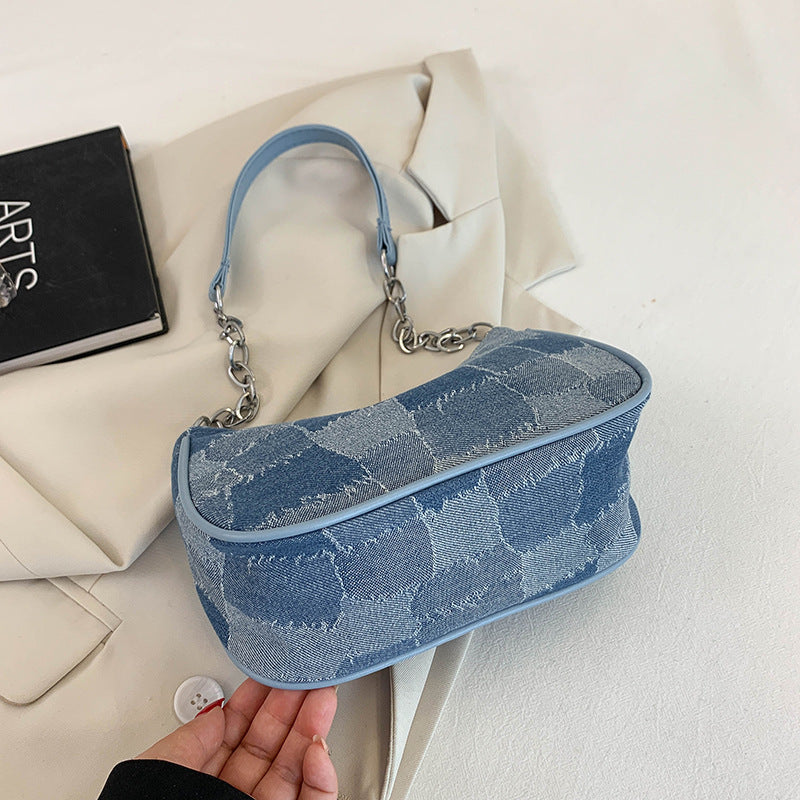 Women's Simple Patchwork Plaid Denim Shoulder Bag