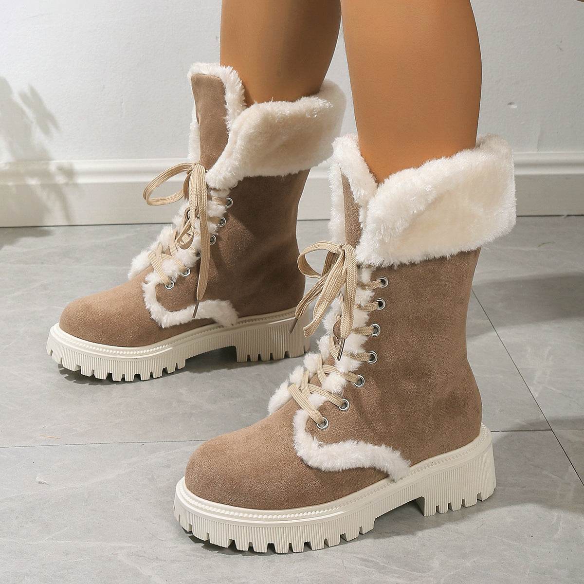 Bottes de neige lacées pour femmes, mi-tube, doublées de polaire, chaudes, à talons épais et en peluche - LA TendanceStore multi service