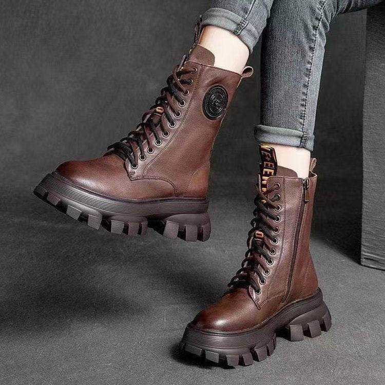 Bottes de motard rétro Martin pour femmes, à semelle épaisse, haute, avec doublure en velours - LA TendanceStore multi service