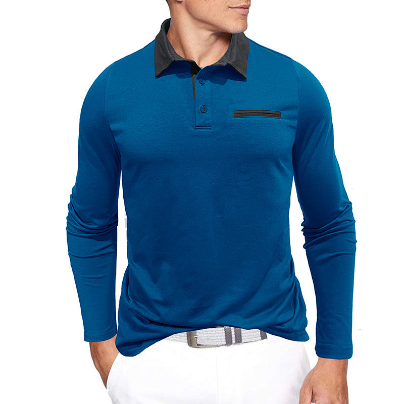 Men's cotton long-sleeved polo shirt, contrast collar, autumn and winter, European and American style