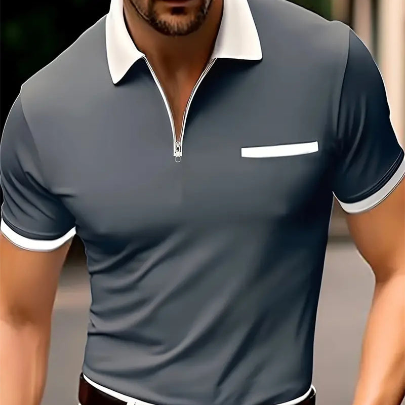 European and American style men's 3D printing zipper short sleeve polo shirt