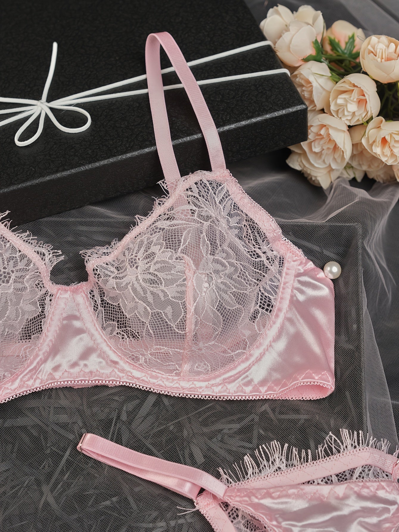 Sexy Floral Lace Lingerie Set - Unlined Cut Out Bra, 2pcs Thongs, Women's Sultry Underwear for Romantic Nights - Soft, Breathable, and Comfortable