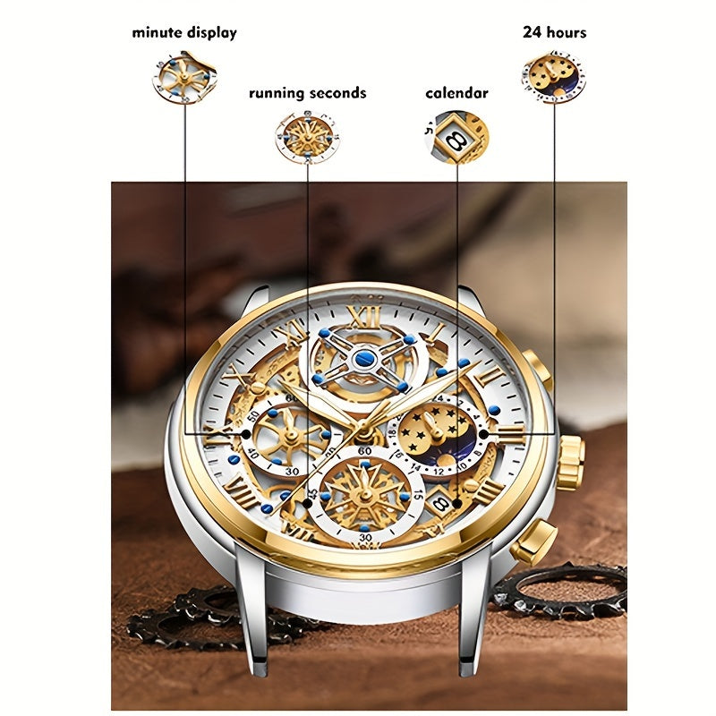 Montre à quartz en acier inoxydable - Montre pour hommes LIGE avec heure mondiale, embellissement de clous, boîtier en alliage de zinc, alimentée par une pile bouton.