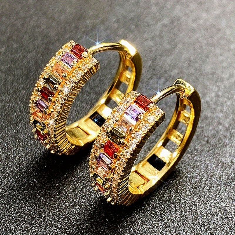 Elegant 18K Gold Plated Earrings with Multicolor Rectangular Zirconia - Nickel Free Copper, Great for Wedding and Party Wear