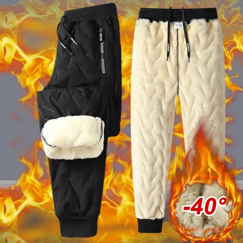 Men's Winter Thick Fleece Pants, Lambswool Thermal Trousers, Waterproof Windproof Warm Cotton Casual Pants