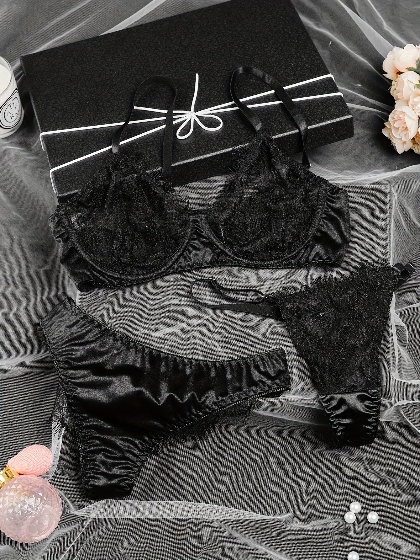 Sexy Floral Lace Lingerie Set - Unlined Cut Out Bra, 2pcs Thongs, Women's Sultry Underwear for Romantic Nights - Soft, Breathable, and Comfortable