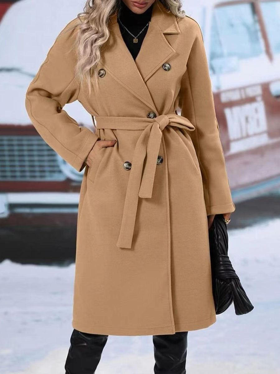 Manteau long à double boutonnage avec ceinture, mode hiver, couleur unie.