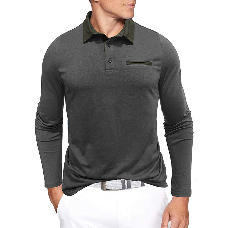 Men's cotton long-sleeved polo shirt, contrast collar, autumn and winter, European and American style