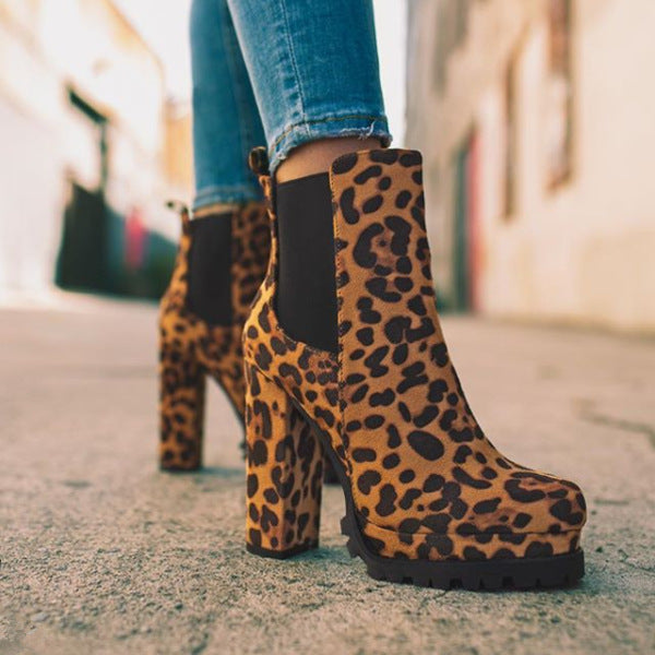 Round Toe Leopard Print Chunky Square Heel Boots Women's Fashion Casual Shoes Autumn Winter Suede Party Dress Boots