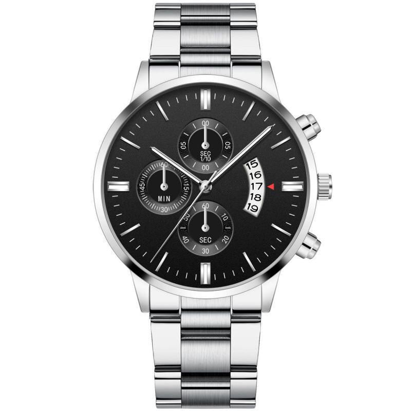 Men's watch with large dial and steel bracelet and simple calendar