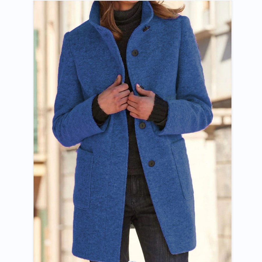 Manteau en laine à col avec poches, saison automne-hiver, décontracté, avec boutons pour femmes.