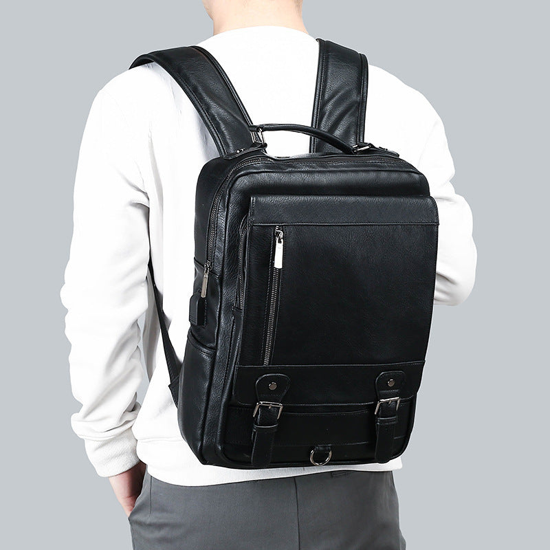 New Men's Leather Backpack Large Capacity USB Charging Backpack