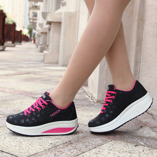 Women's Platform Sneakers Lace-up Casual Anti-slip Breathable Korean Printed Height-increasing Sports Shoes