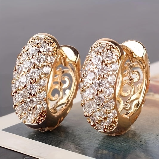 18K Gold Plated Sparkling Hoop Earrings with Zircon, Elegant Vintage Style for Women, Party Ear Ornaments".