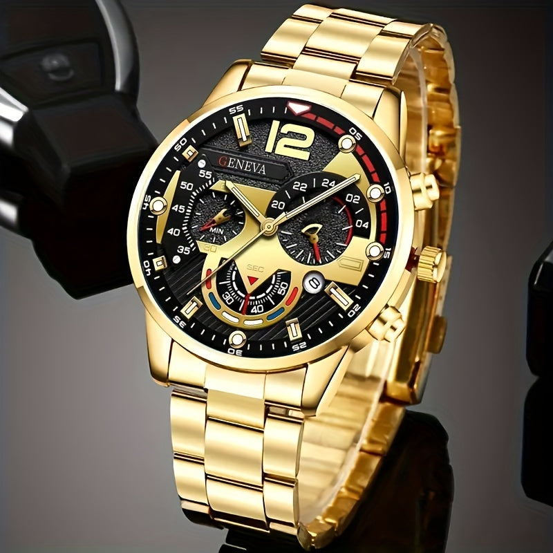 4 Pieces Luxury Men's Watch Set - Business Style, Round Alloy Case, Calendar Function, Analog Display, Quartz Movement, Electronic Drive, Matching Necklace, Bracelet and Ring