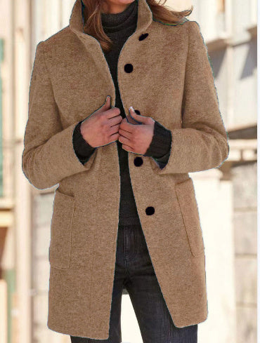 Manteau en laine à col avec poches, saison automne-hiver, décontracté, avec boutons pour femmes.