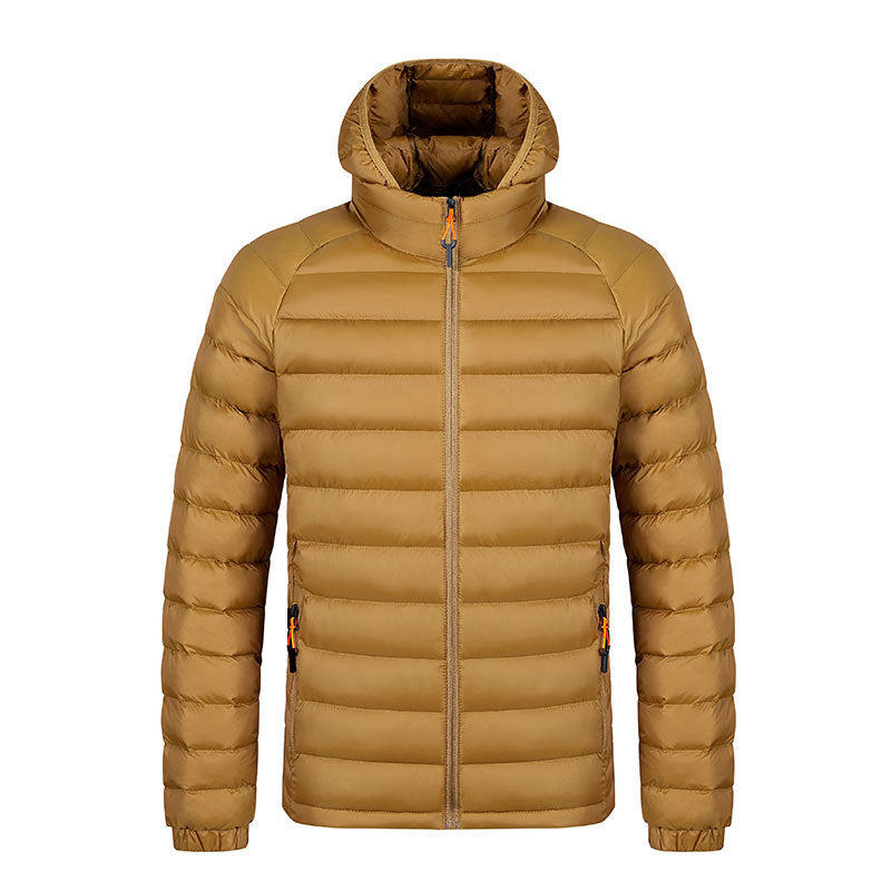 Men's Winter Lightweight Hooded Coat with Pockets, Portable Warm Zipper Jacket, Casual Clothing, Solid Color