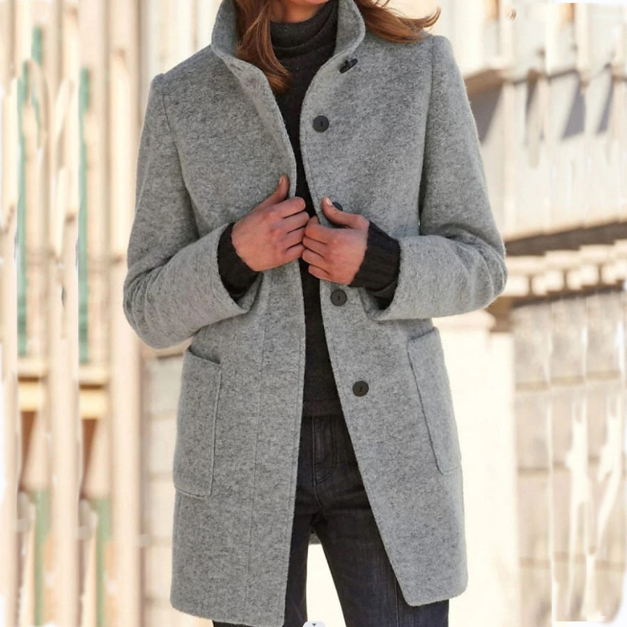 Manteau en laine à col avec poches, saison automne-hiver, décontracté, avec boutons pour femmes.