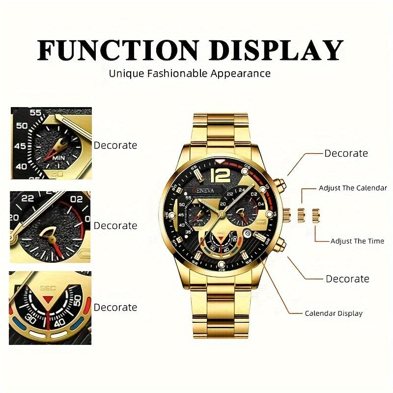 4 Pieces Luxury Men's Watch Set - Business Style, Round Alloy Case, Calendar Function, Analog Display, Quartz Movement, Electronic Drive, Matching Necklace, Bracelet and Ring