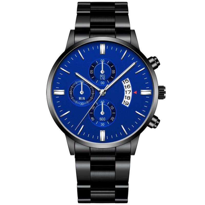 Men's watch with large dial and steel bracelet and simple calendar