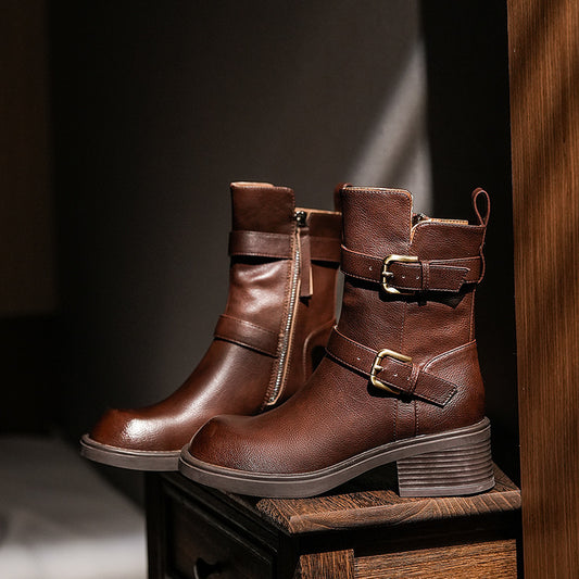 Bottines à talons épais pour femmes, avec double boucle de ceinture et fermeture éclair latérale LA TendanceStore