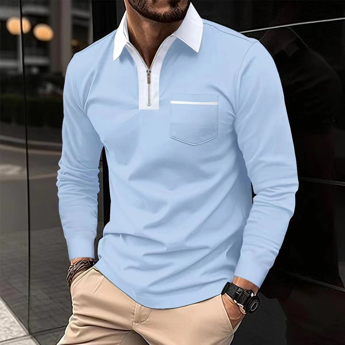 Polo à manches longues avec fermeture éclair pour hommes, automne 2024, col à revers décontracté, chemises Henley zippées, t-shirts de sport en coton pour golf et tennis avec poches