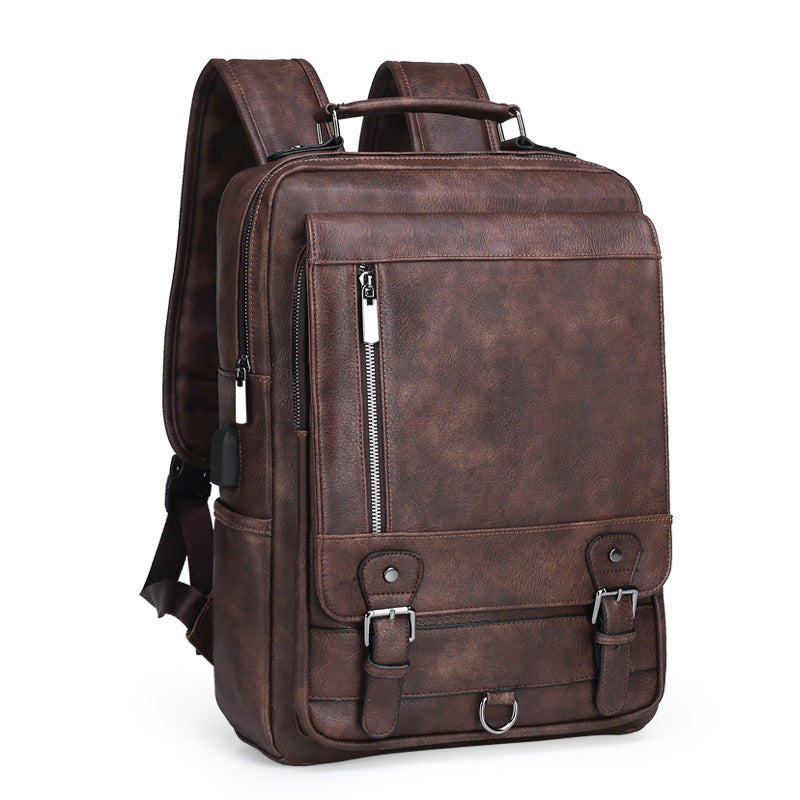 New Men's Leather Backpack Large Capacity USB Charging Backpack