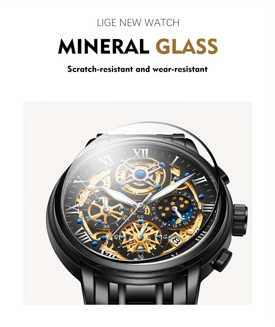 Montre à quartz en acier inoxydable - Montre pour hommes LIGE avec heure mondiale, embellissement de clous, boîtier en alliage de zinc, alimentée par une pile bouton.