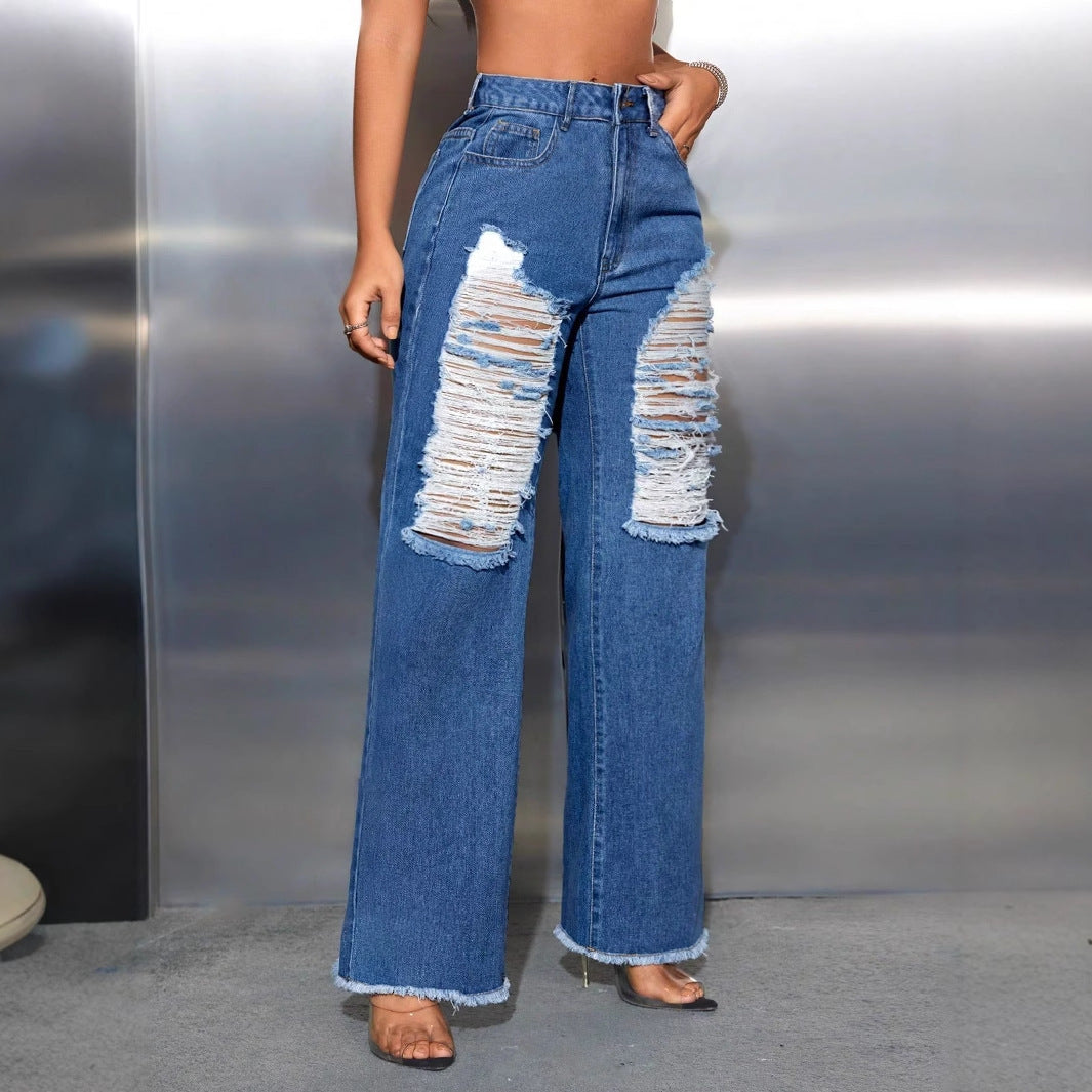 Pantalon en jean ample à jambes larges et déchirées pour loisirs