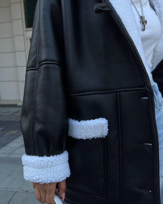 Manteau d'épissage en cuir et fourrure style coréen à manches longues femmesn