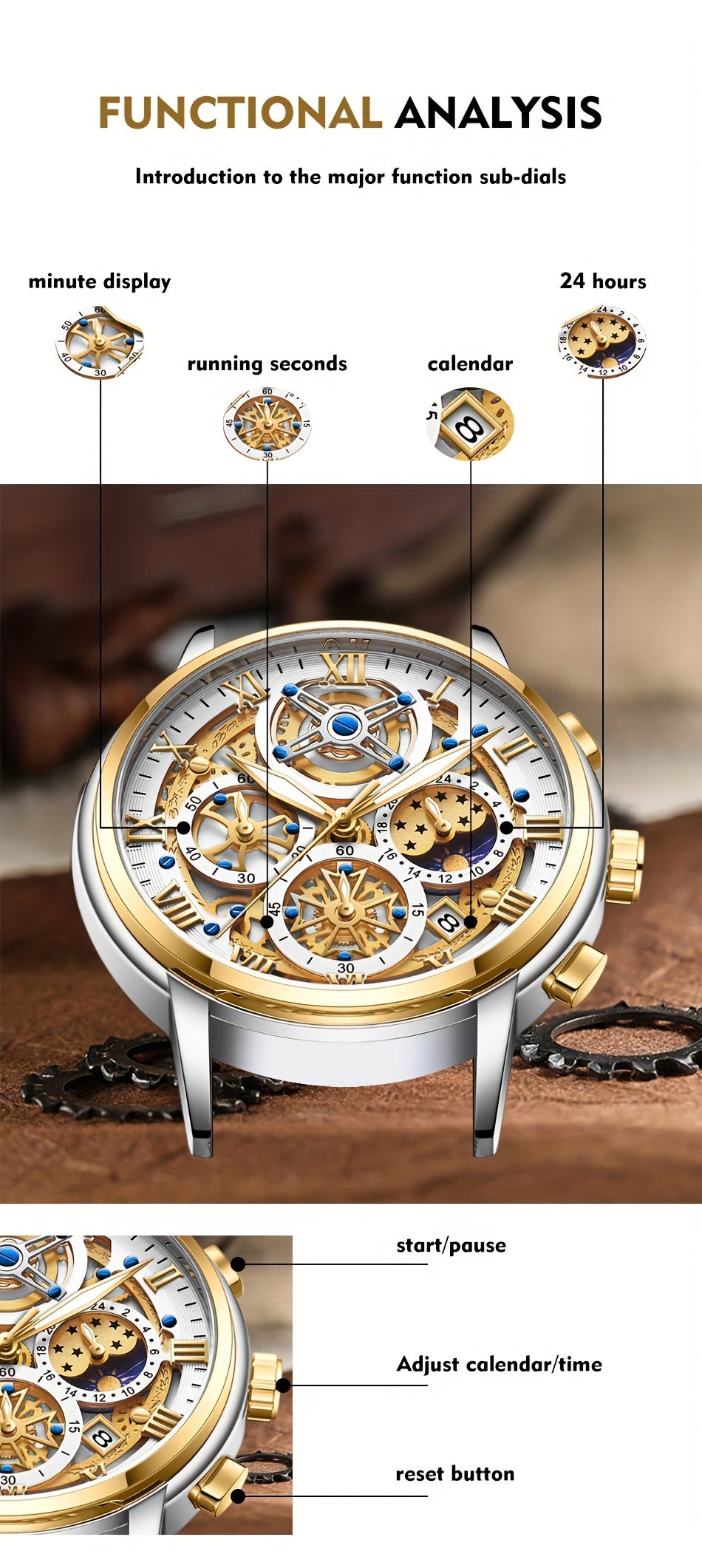 Montre à quartz en acier inoxydable - Montre pour hommes LIGE avec heure mondiale, embellissement de clous, boîtier en alliage de zinc, alimentée par une pile bouton.