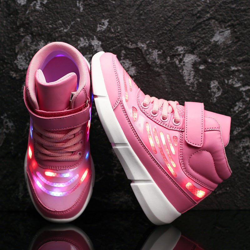 Flying Woven High Top Fluorescent Luminous LED Velcro Casual Shoes