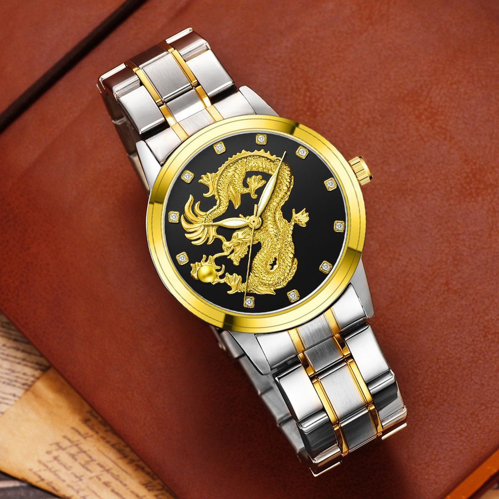 Montre Dragon Doré avec bracelet en acier allié, montre à quartz