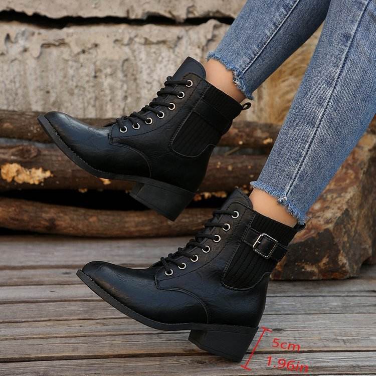 Bottes à lacets pour femmes, à plateforme et talon compensé, bout pointu, décontractées, noires, style britannique, pour l'automne et l'hiver - LA TendanceStore multi service